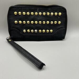 GUESS Black Logo Women’s Zip Pocket Wristlet, And Gold Studs